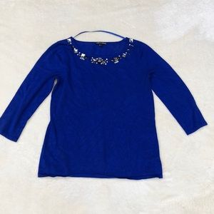 Embellished Royal Blue 3/4 Sleeve Soft Sweater
